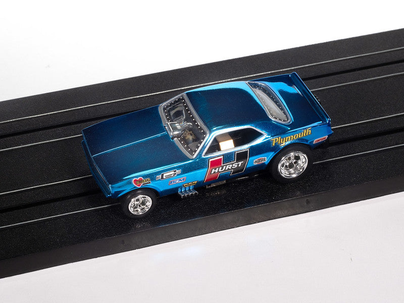 Auto World 4Gear SC422-2B 1970 Plymouth Barracuda Drag Hurst Shifters (Blue) HO Scale Slot Car