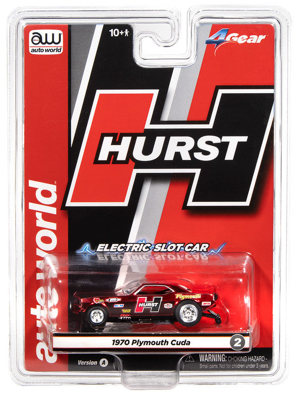 Auto World 4Gear SC422-2A 1970 Plymouth Barracuda Drag Hurst Shifters (Red) HO Scale Slot Car