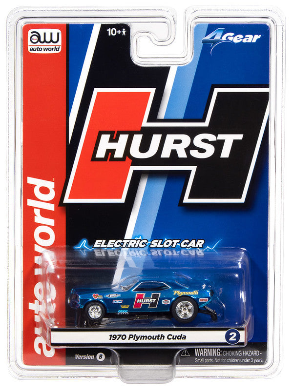 Auto World 4Gear SC422-2B 1970 Plymouth Barracuda Drag Hurst Shifters (Blue) HO Scale Slot Car