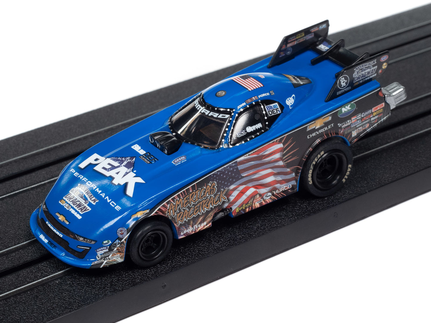 Auto World 4Gear SC405-1 John Force Night Under Fire 2023 Chevy Camaro NHRA Funny Car HO Scale Slot Car