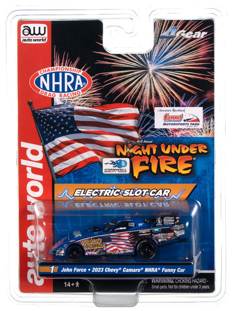 Auto World 4Gear SC405-1 John Force Night Under Fire 2023 Chevy Camaro NHRA Funny Car HO Scale Slot Car