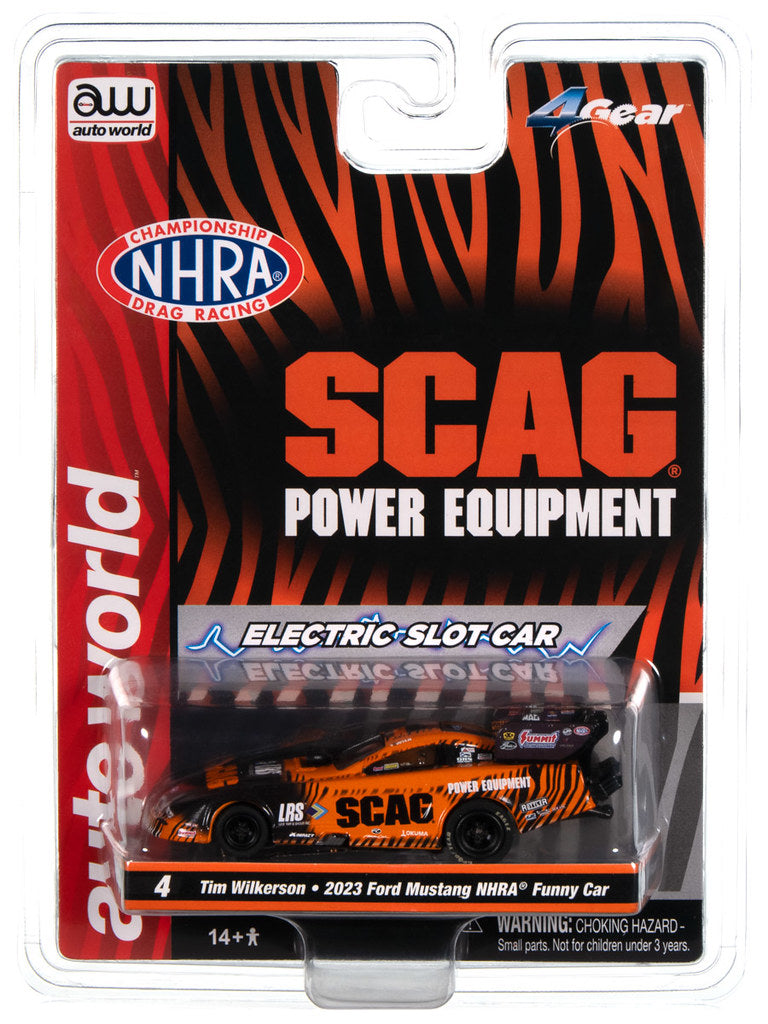 Auto World 4Gear SC405-4 Tim Wilkerson SCAG Power Equipment 2023 Ford Mustang NHRA Funny Car HO Scale Slot Car