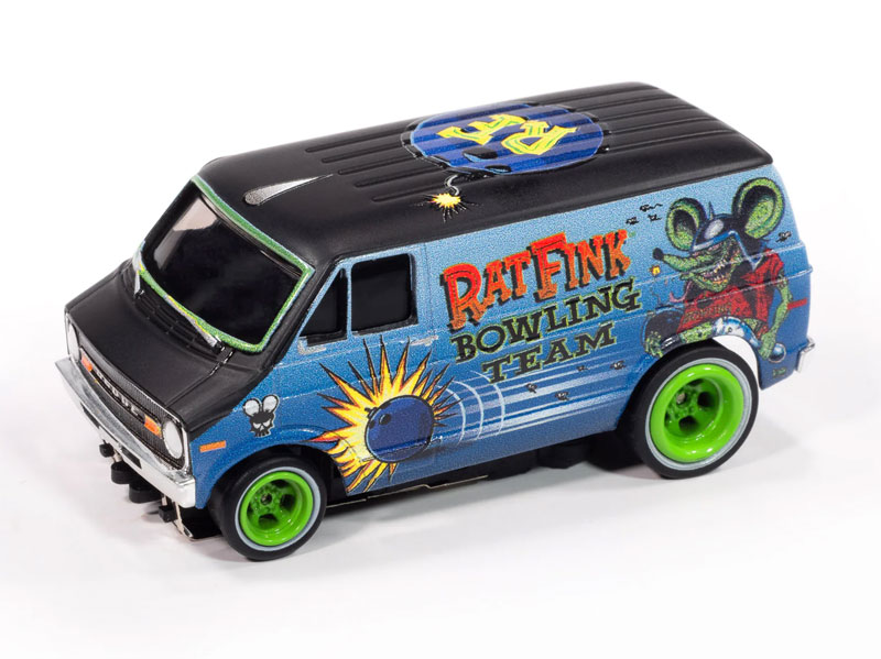 Auto World 4Gear SC418-3B 1977 Dodge Van Rat Fink Flat (Flat Black & Blue) HO Scale Slot Car