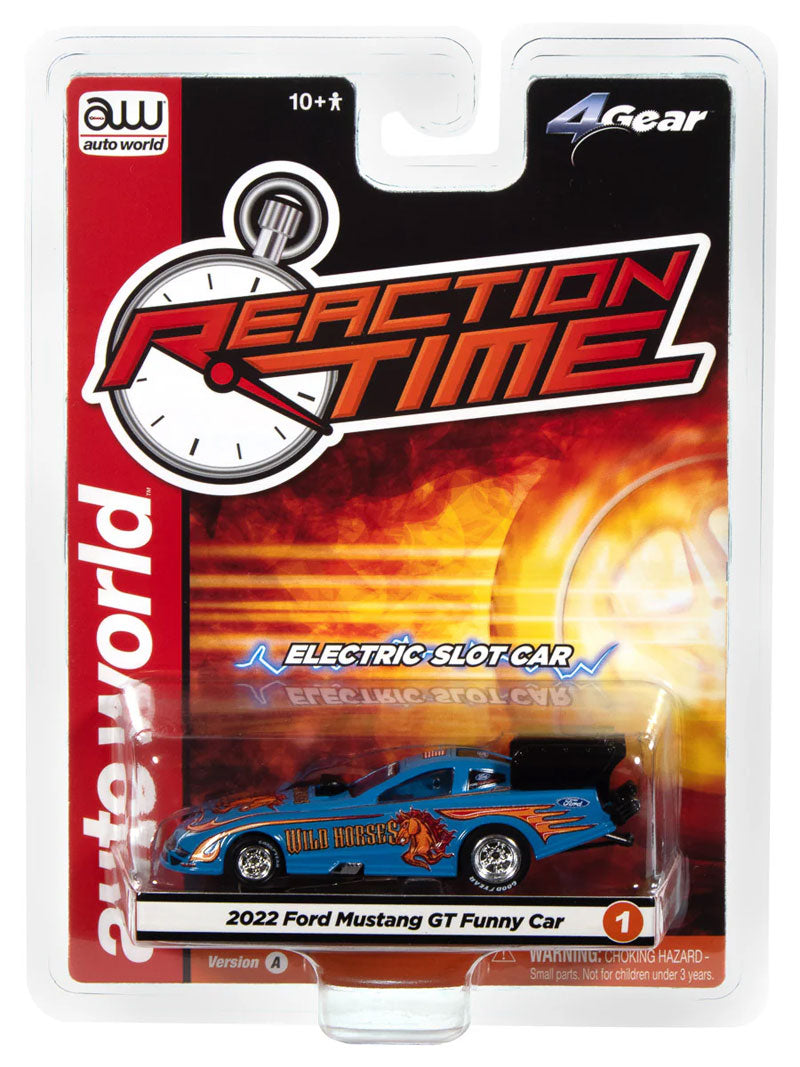 Auto World 4Gear SC421-1A 2022 Ford Mustang GT Wild Horses FC (Blue, Red, & Orange) HO Scale Slot Car