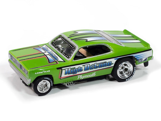 Auto World 4Gear SC421-3B 1972 Plymouth Duster High Octane FC (Green, Blue, White, Black & Red) HO Scale Slot Car