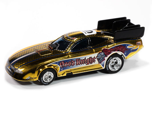 Auto World 4Gear SC421-2B 2022 Dodge Charger Good Knight FC (Gold Chrome, Black, Blue & Red) HO Scale Slot Car