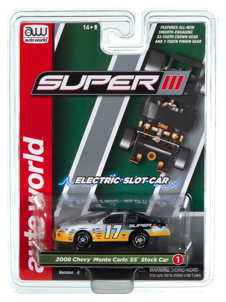 Auto World Super III SC399-1A 2008 Chevy Monte Carlo SS Stock Car (Black/Yellow) HO Scale Slot Car