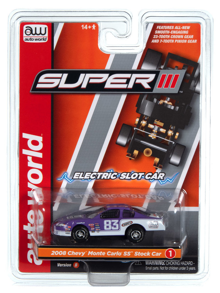 Auto World Super III SC399-1B 2008 Chevy Monte Carlo SS Stock Car (Purple) HO Scale Slot Car