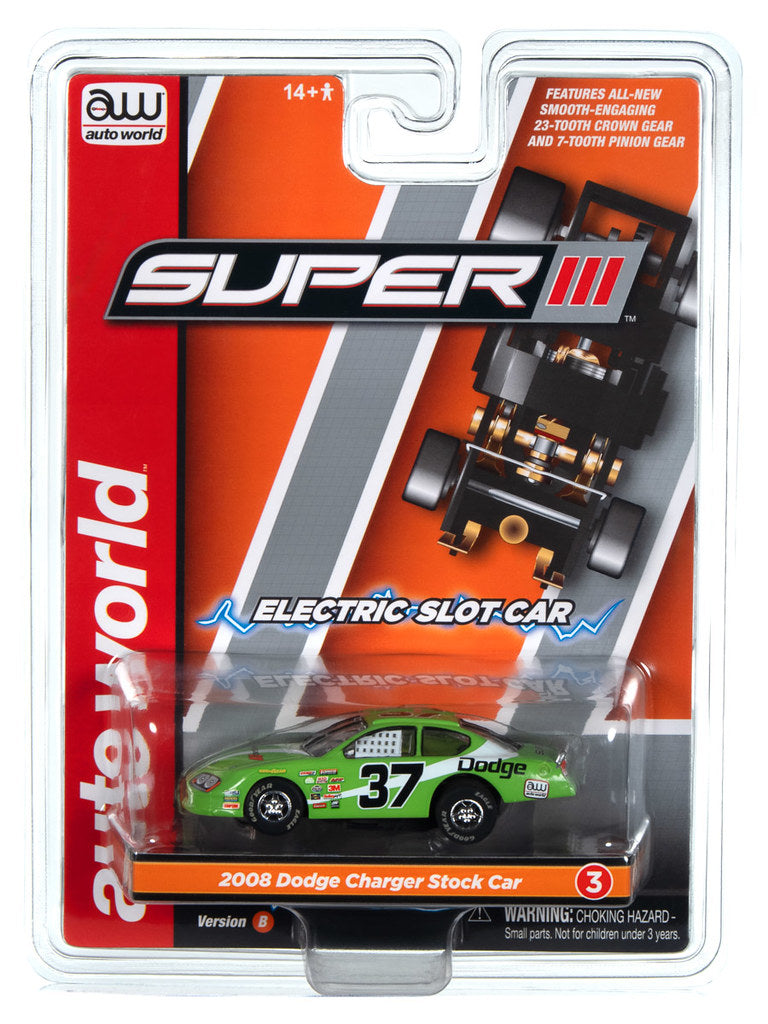 Auto World Super III SC399-3B 2008 Dodge Charger Stock Car (Green) HO Scale Slot Car