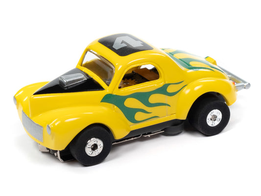 Auto World Thunderjet SC408-1A 1941 Willys Coupe Gasser Yellow w/ Green Flames HO Scale Slot Car