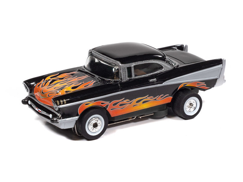 Auto World Thunderjet SC434-3A 1957 Chevrolet Bel Air Lowrider Black w/Flames HO Scale Slot Car