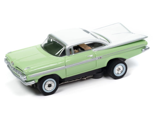 Auto World Thunderjet SC408-3A 1959 Chevy Impala Seafoam Green & White HO Scale Slot Car