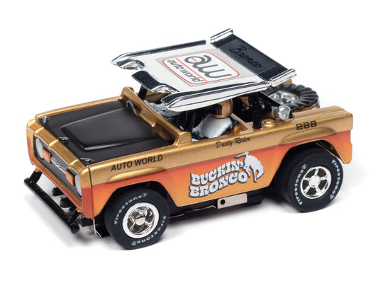 Auto World Xtraction SC407-1A 1972 Ford Baja Bronco Gold w/ Orange Race Graphics HO Scale Slot Car