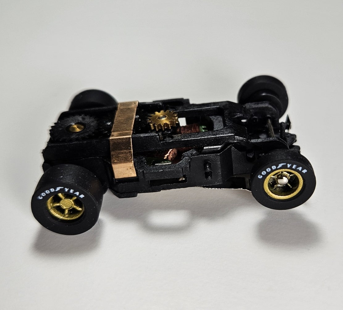 Auto World Slot Car Xtraction Complete Chassis. Gold Wheels, Goodyear ...