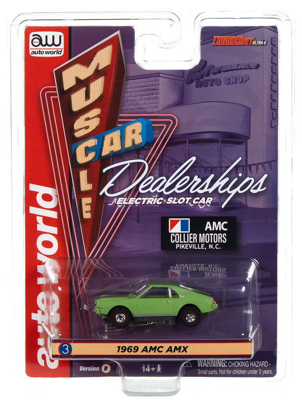 Auto World Thunderjet SC394-3B 2023 R3 COLLIER MOTORS - 1969 AMC AMX (GREEN) HO Scale Slot Car