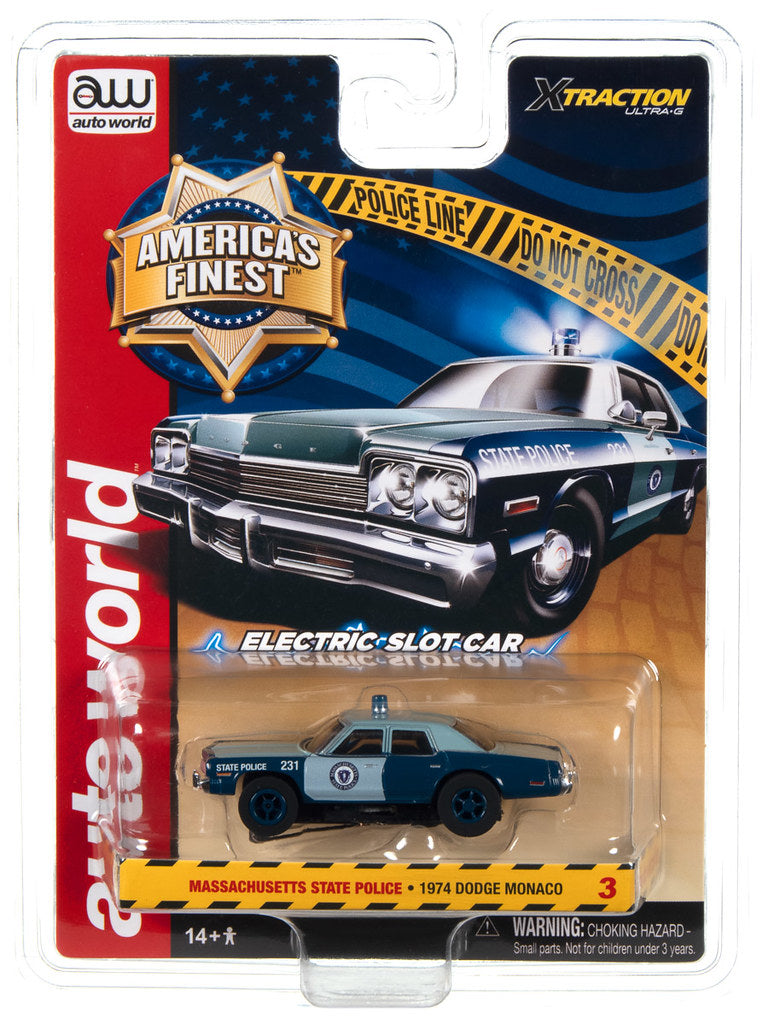 Auto World Xtraction SC397-3 R4 1974 DODGE MONACO MASSACHUSETTS STATE POLICE HO Scale Slot Car