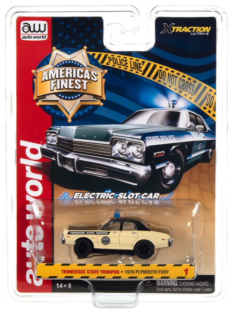 Auto World Xtraction SC397-1 R4 1978 PLYMOUTH FURY TENNESSEE STATE TROOPER HO Scale Slot Car