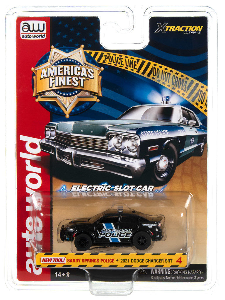 Auto World Xtraction SC397-4 R4 2021 DODGE CHARGER SRT SANDY SPRINGS GEORGIA POLICE HO Scale Slot Car