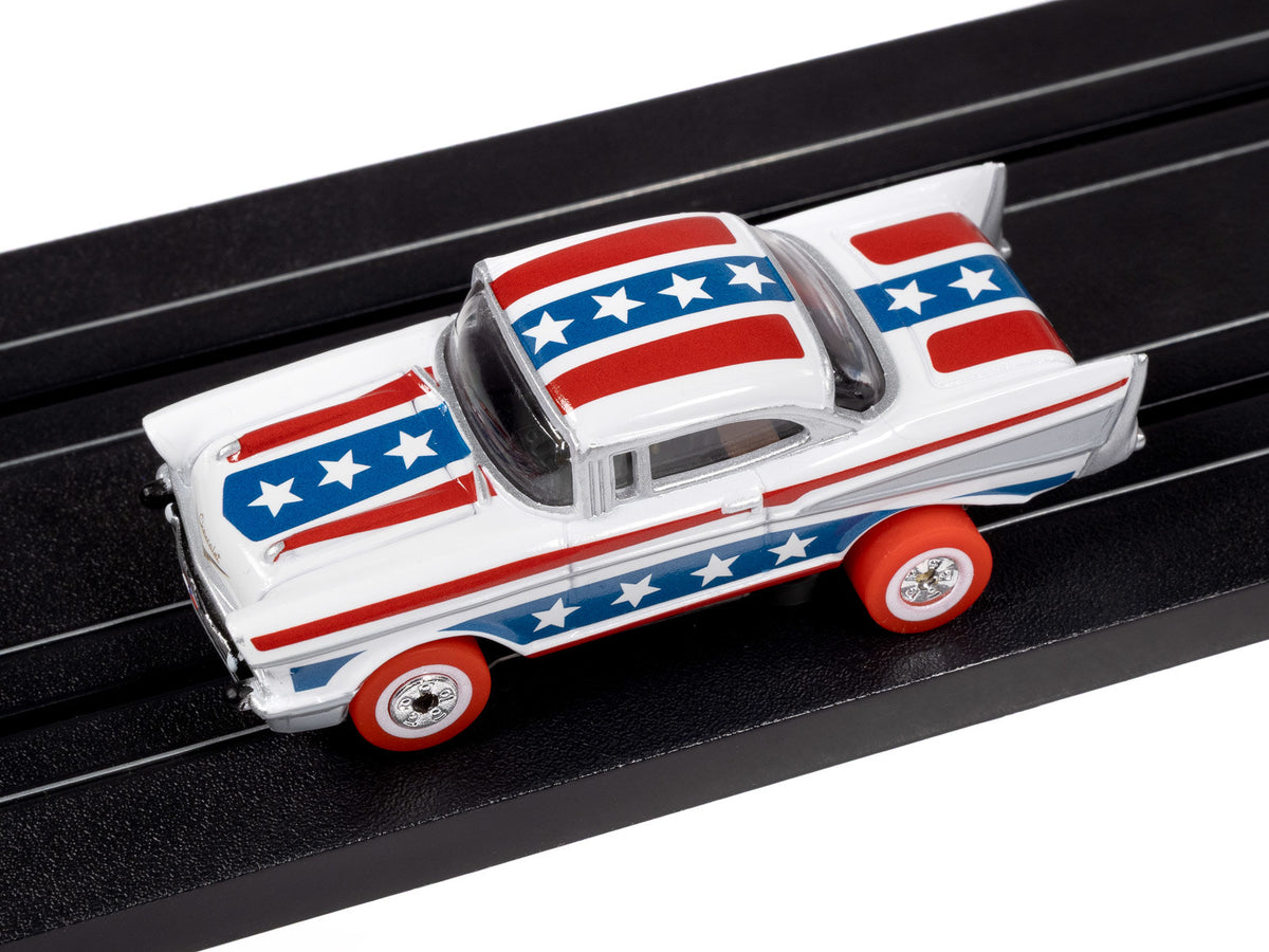 Auto World Thunderjet SC430-1A 1957 Chevy Bel Air (White, Red & Blue) HO Scale Slot Car