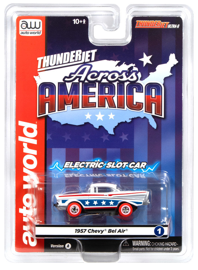 Auto World Thunderjet SC430-1A 1957 Chevy Bel Air (White, Red & Blue) HO Scale Slot Car