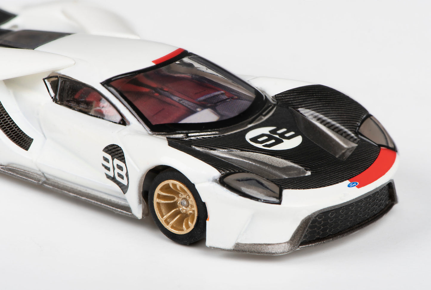 AFX Mega G+ 22044 2021 Ford GT Heritage #98 - White with Black and Red Trim with Gold Wheels - Collector Series Clear - HO Scale Slot Car