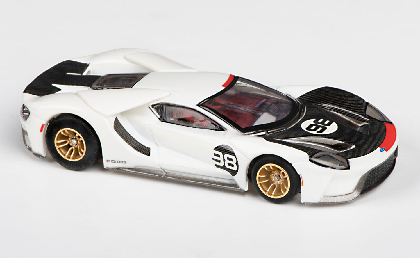 AFX Mega G+ 22044 2021 Ford GT Heritage #98 - White with Black and Red Trim with Gold Wheels - Collector Series Clear - HO Scale Slot Car