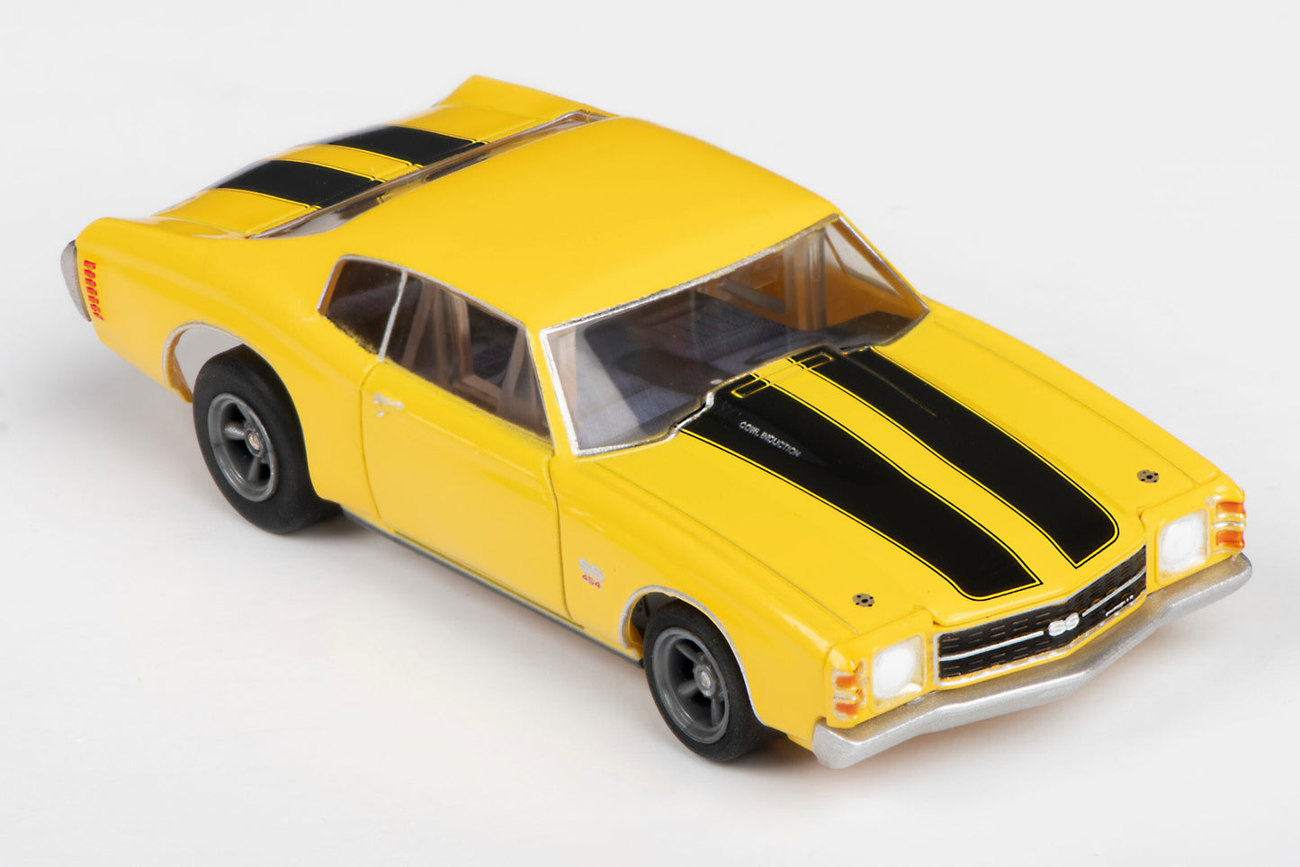 AFX Mega G+ 22050 1971 Chevelle 454 – Yellow with Black Stripes & 5 Spoke Gray Wheels - HO Scale Slot Car