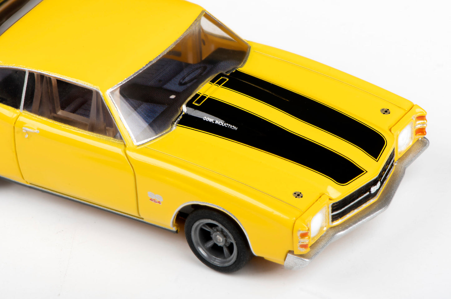 AFX Mega G+ 22050 1971 Chevelle 454 – Yellow with Black Stripes & 5 Spoke Gray Wheels - HO Scale Slot Car