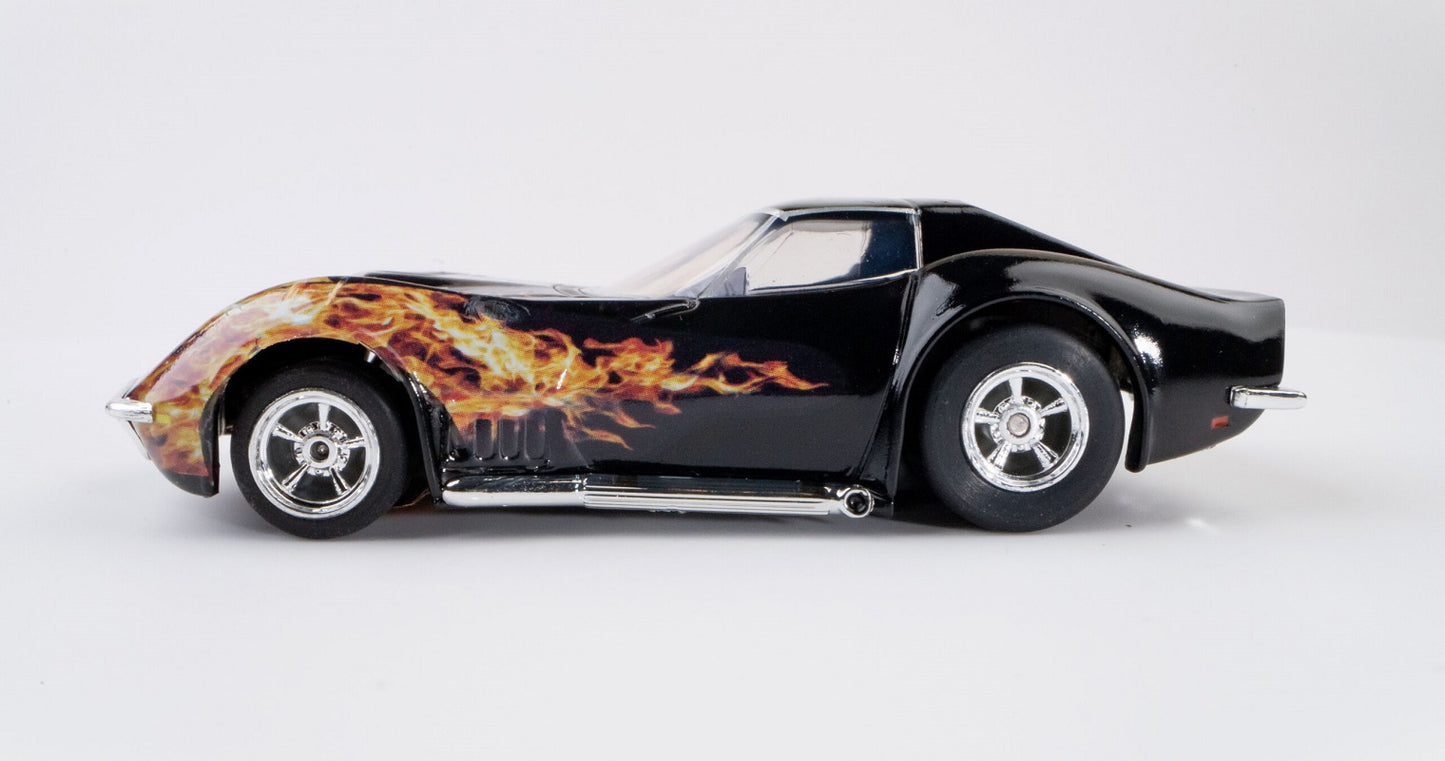 AFX Mega G+ 22051 1968 Corvette 427 - Black with Flames & Chrome Wheels - Collector Series Clear - HO Scale Slot Car