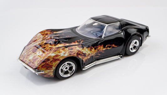 AFX Mega G+ 22051 1968 Corvette 427 - Black with Flames & Chrome Wheels - Collector Series Clear - HO Scale Slot Car