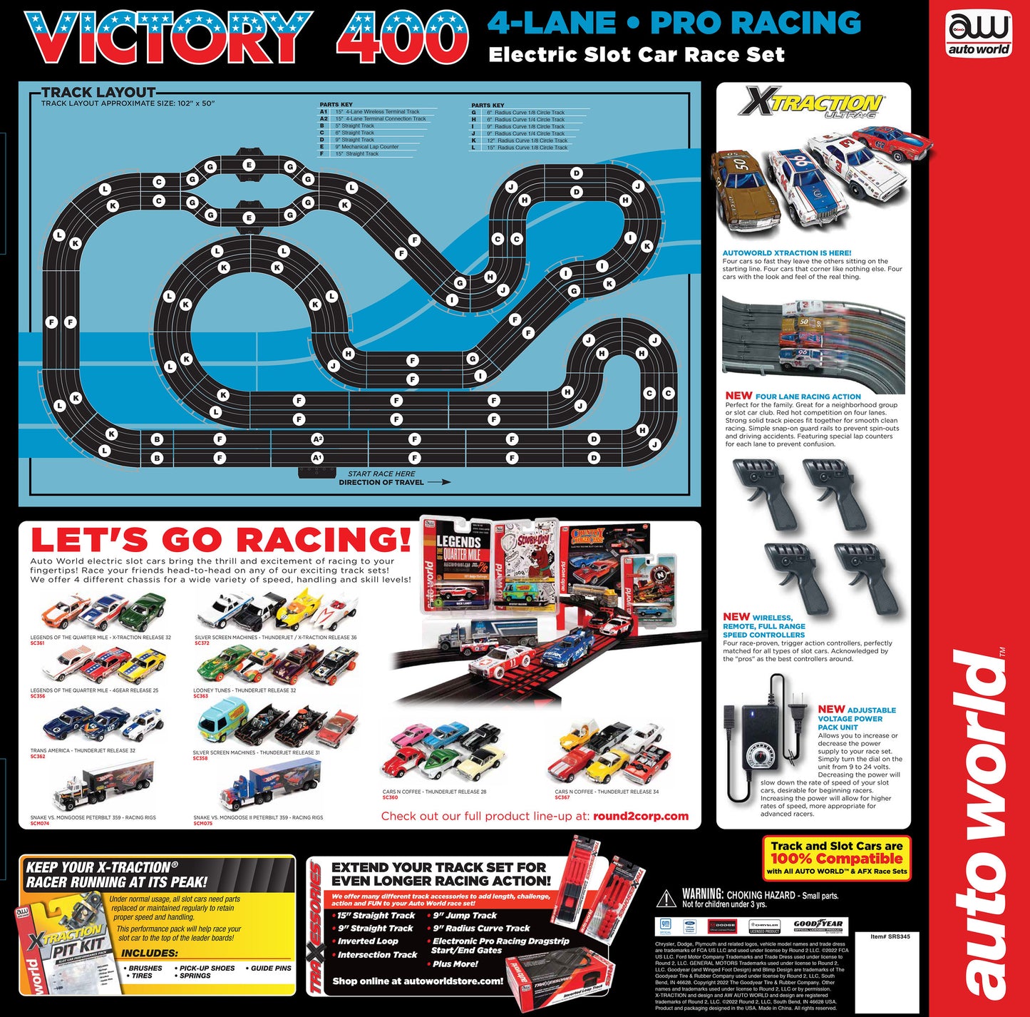 Auto World Race Set Xtraction SRS345 36' VICTORY 400 4 LANE SLOT RACE SET HO SCALE