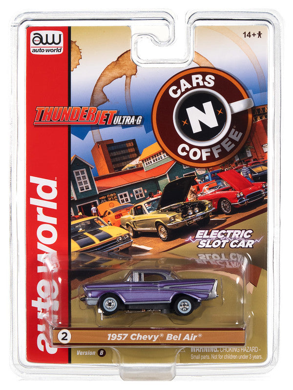 Auto World Thunderjet SC379 -2B 2022 R2 CARS N COFFEE 1957 CHEVROLET BEL AIR (PURPLE) HO SCALE SLOT CAR