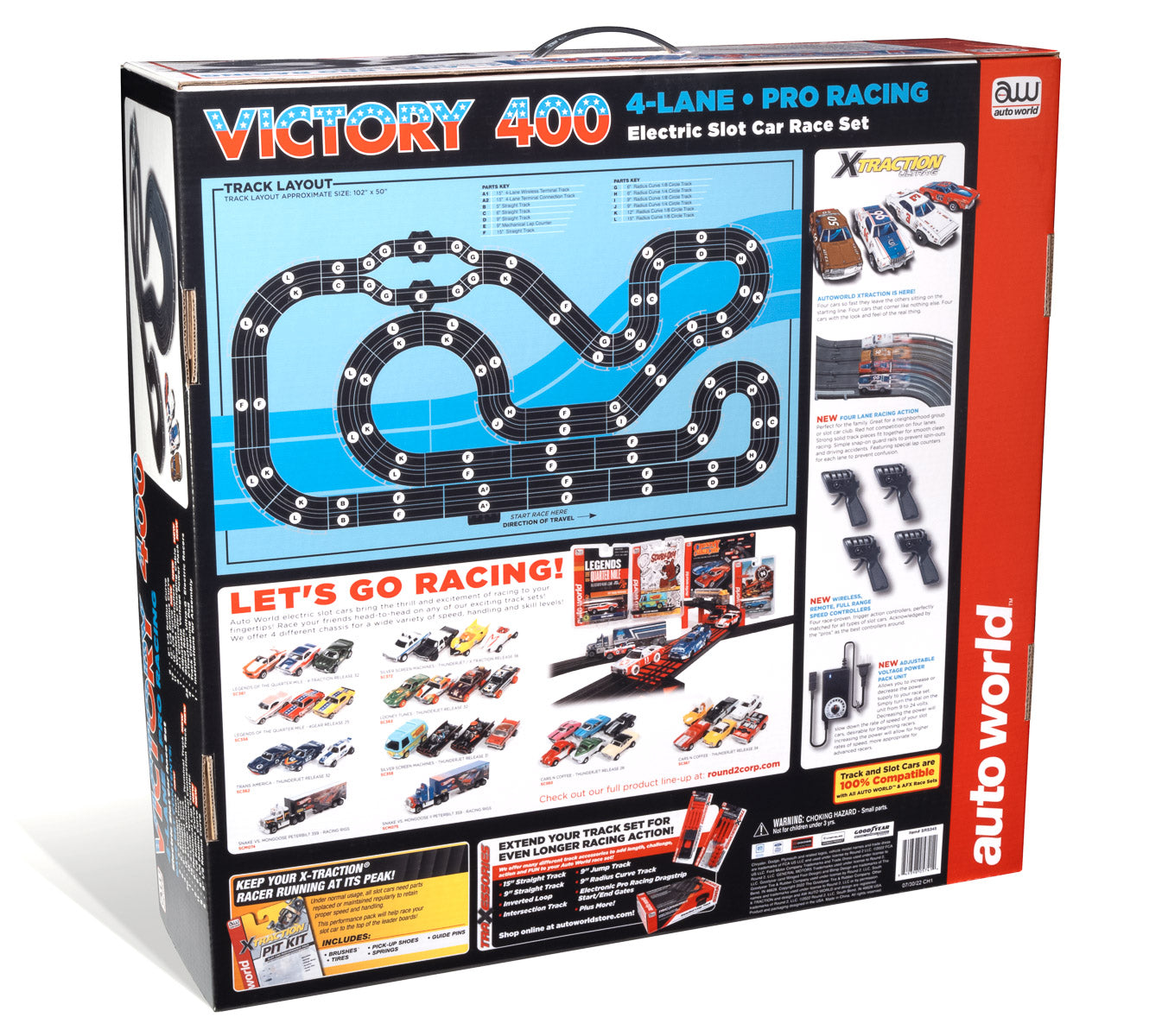 Auto World Race Set Xtraction SRS345 36' VICTORY 400 4 LANE SLOT RACE SET HO SCALE