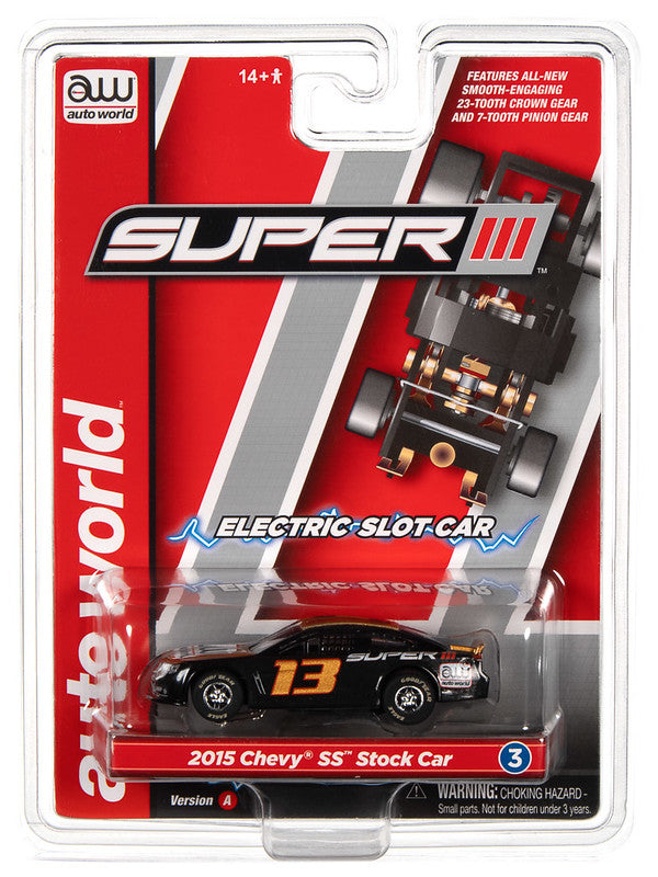 Auto World Super III SC383 R1 2015 CHEVY SS STOCK CAR (BLACK/GOLD) HO Scale Slot Car