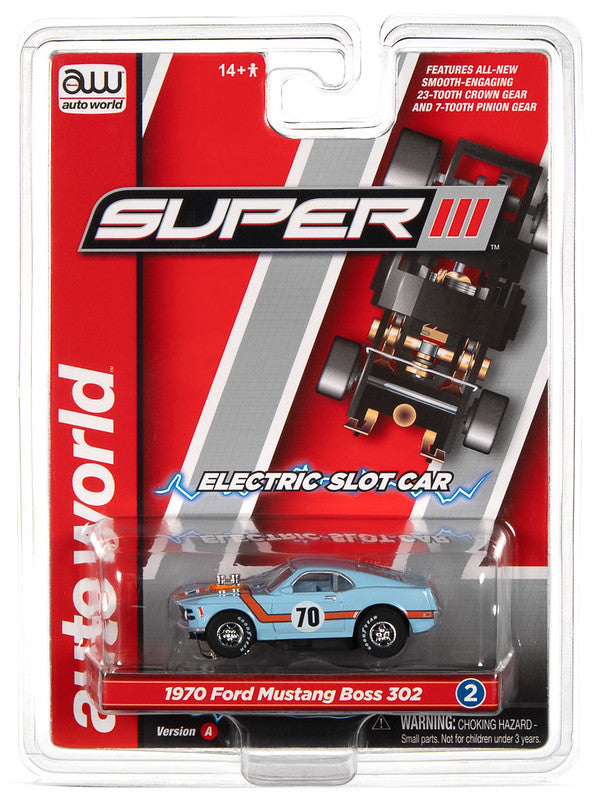 Auto World Super III SC383 R1 1970 FORD BOSS MUSTANG (GULF BLUE) HO Scale Slot Car