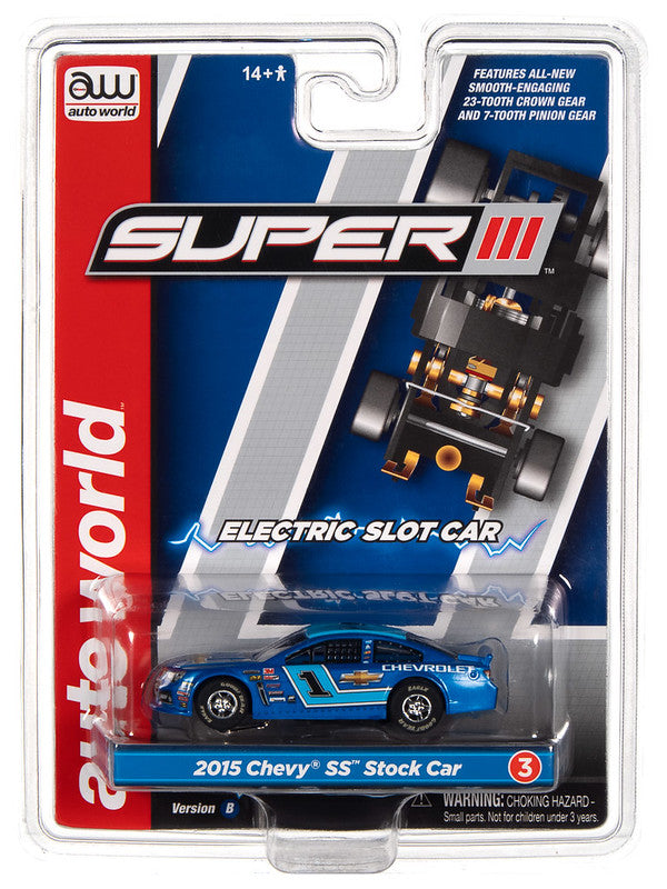 Auto World Super III SC383 R1 2015 CHEVY SS STOCK CAR (BLUE) HO Scale Slot Car