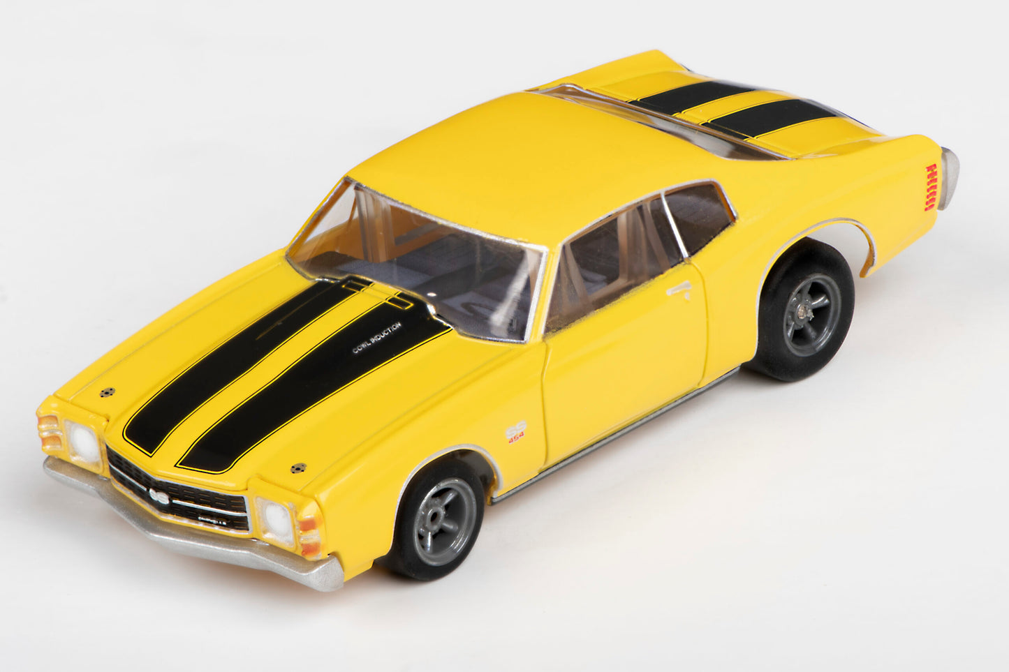 AFX Mega G+ 22050 1971 Chevelle 454 – Yellow with Black Stripes & 5 Spoke Gray Wheels - HO Scale Slot Car