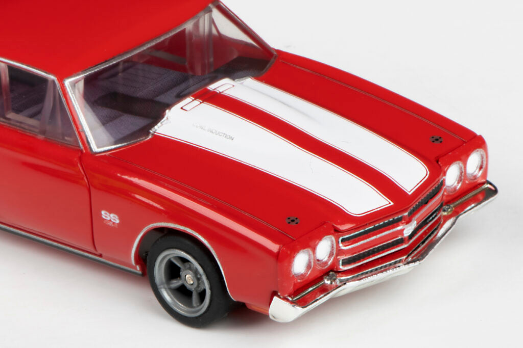 AFX Mega G+ 22043 1970 Chevelle 454 – Red with White Stripes and 5 Spoke Gray Wheels - HO Scale Slot Car