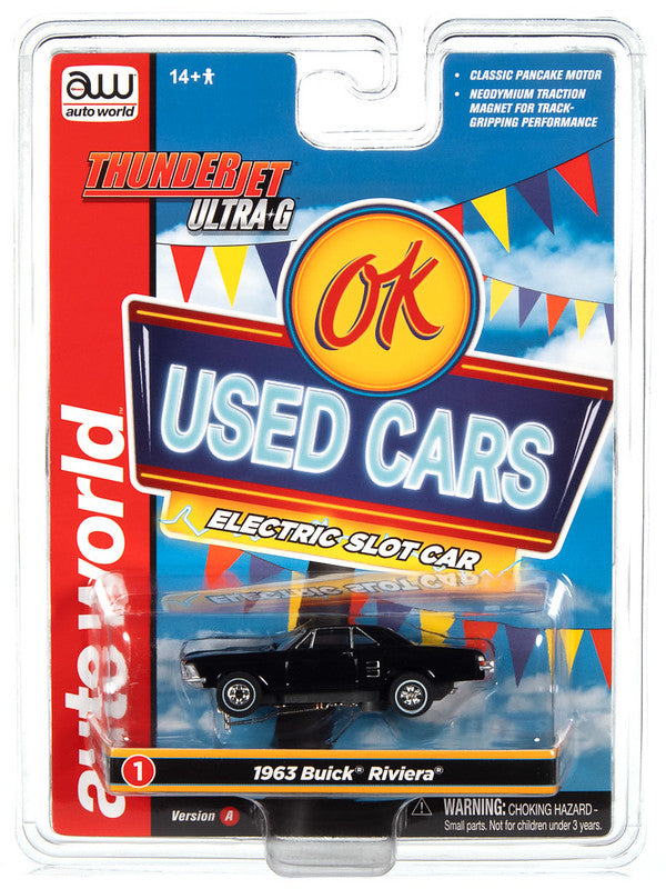 Auto World Thunderjet SC390-1A 2023 R1 OK USED CARS 1963 BUICK RIVIERA (BLACK) HO Scale Slot Car