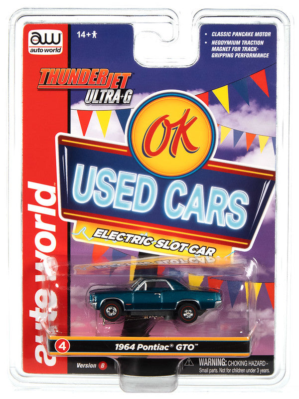 Auto World Thunderjet SC390-4B 2023 R1 OK USED CARS 1964 PONTIAC GTO (BLUE) HO Scale Slot Car