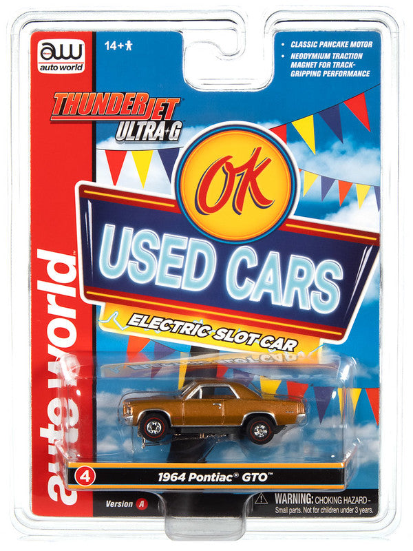Auto World Thunderjet SC390-4A 2023 R1 OK USED CARS 1964 PONTIAC GTO (GOLD) HO Scale Slot Car
