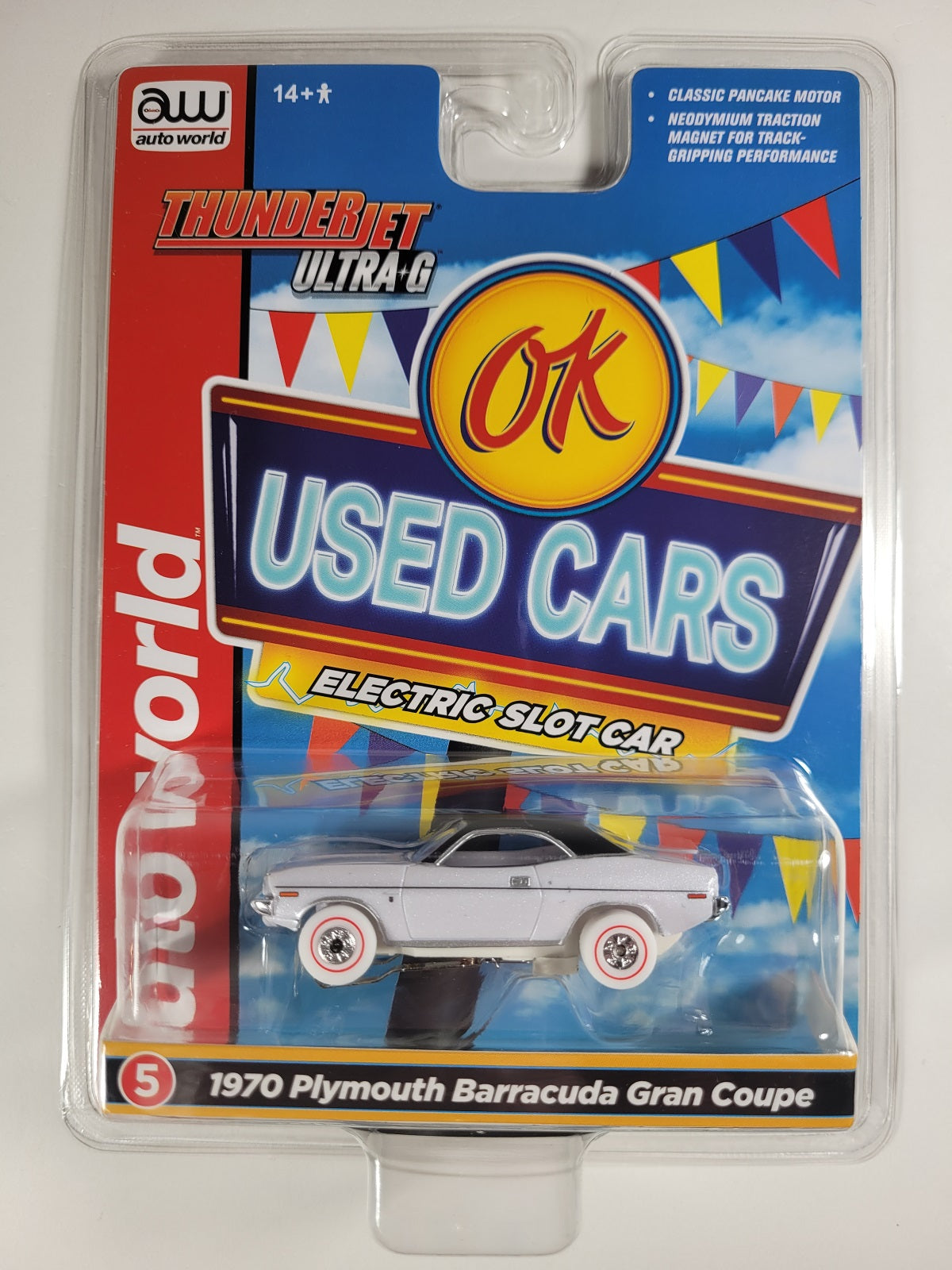 Auto World Thunderjet SC390 2023 R1 OK USED CARS 1970 PLYMOUTH BARRACUDA GRAN COUPE (IWHEELS) HO Scale Slot Car