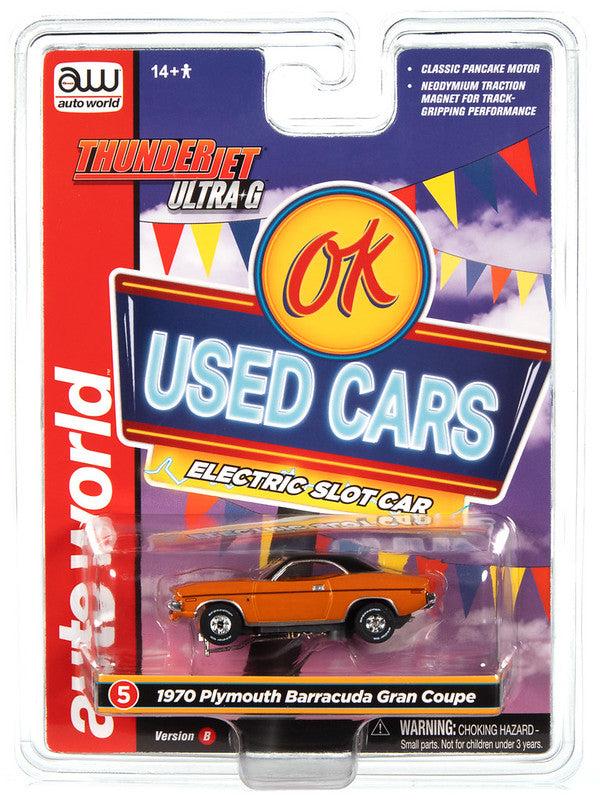 Auto World Thunderjet SC390-5B 2023 R1 OK USED CARS 1970 PLYMOUTH BARRACUDA GRAN COUPE (ORANGE) HO Scale Slot Car