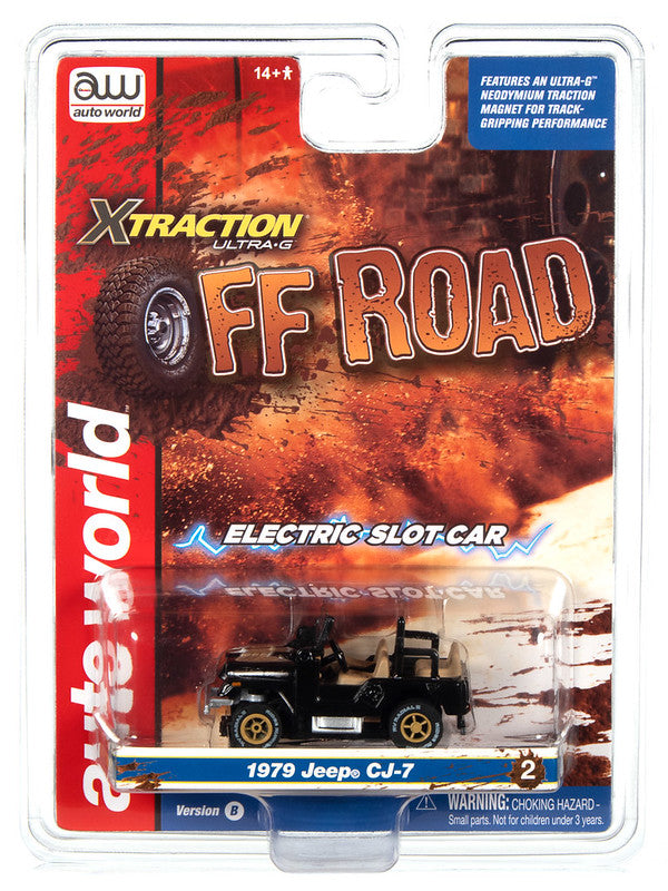 Auto World Xtraction SC388-2B 2023 R1 OFF ROAD 1979 JEEP CJ-7 (BLACK) HO Scale Slot Car