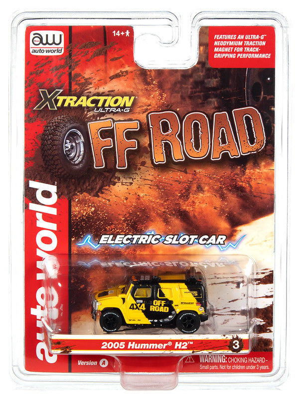 Auto World Xtraction SC388-2A 2023 R1 OFF ROAD 2005 HUMMER H2 (YELLOW) HO Scale Slot Car